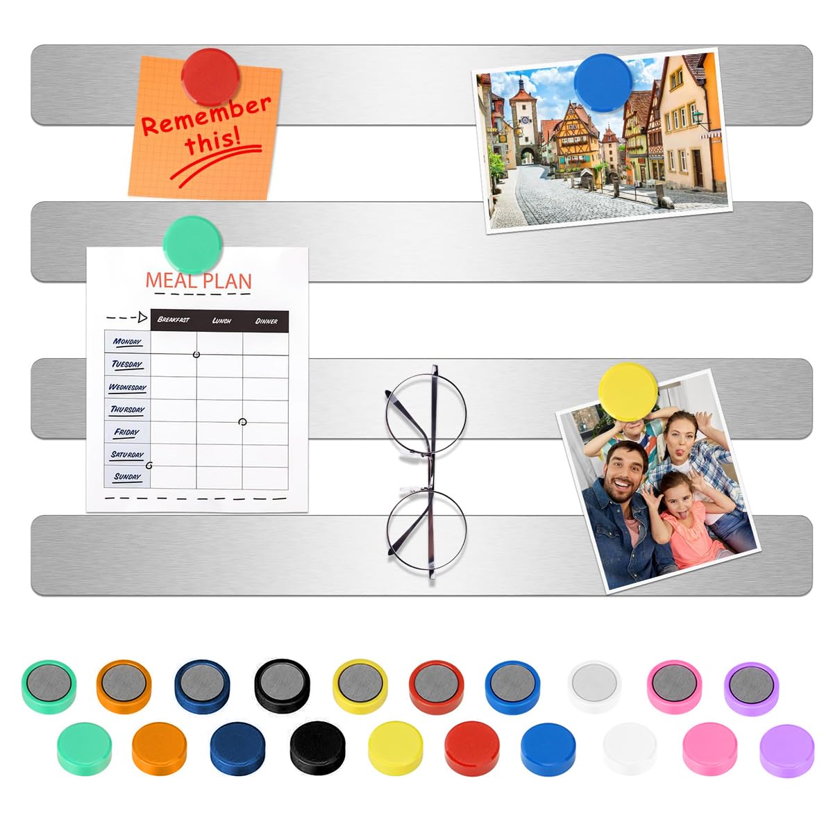 Climberty 4 Pack Magnetic Stainless Memo Board Strip Message Board with 16 Pcs Color Magnets, Adhesive Backing Bulletin Bar Board for Office, Home, Photo Wall, Documents and Fridge (Silver) Climberty 4 Pack Magnetic Stainless Memo Board Strip Message Board with 16 Pcs Color Magnets, Adhesive Backing Bulletin Bar Board for Office, Home, Photo Wall, Documents and Fridge (Silver)